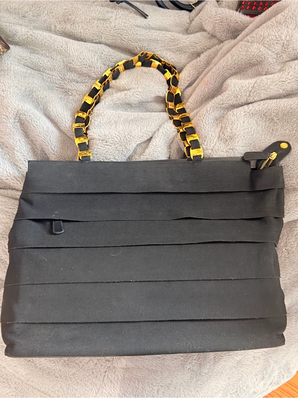 Salvatore Ferragamo Black Satin Chain-Handle Tote Bag with Gold Accent LArge